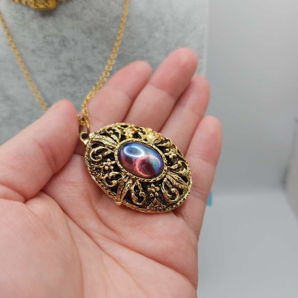 Vintage Ornate Oval Locket Necklace Iridescent Blue Pink Glass Cabochon Cottage